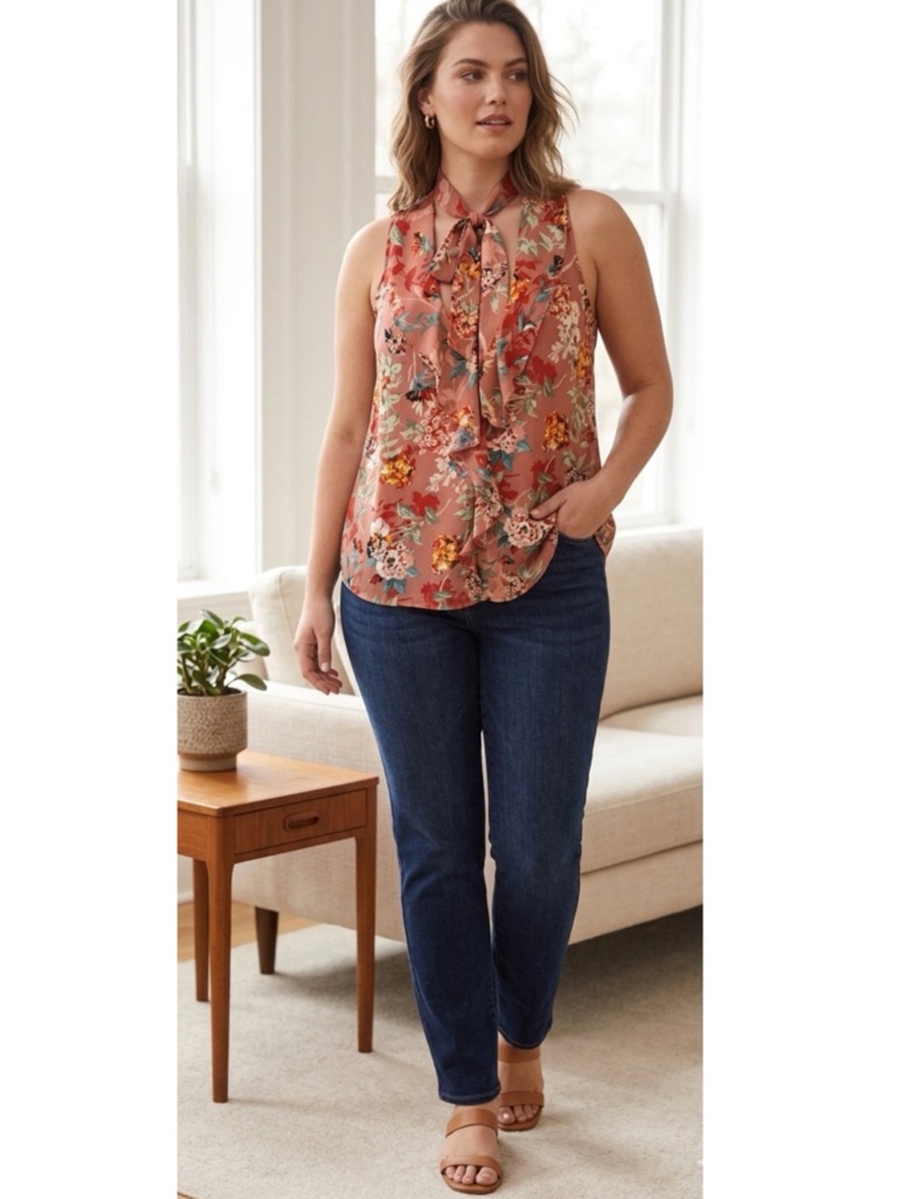 Sun & Shadow Floral Ruffle V-Neck Tassel Tie Sleeveless Blouse - Medium